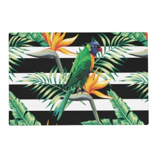 Black And White Stripes And Exotic Parrot Laminated Place Mat