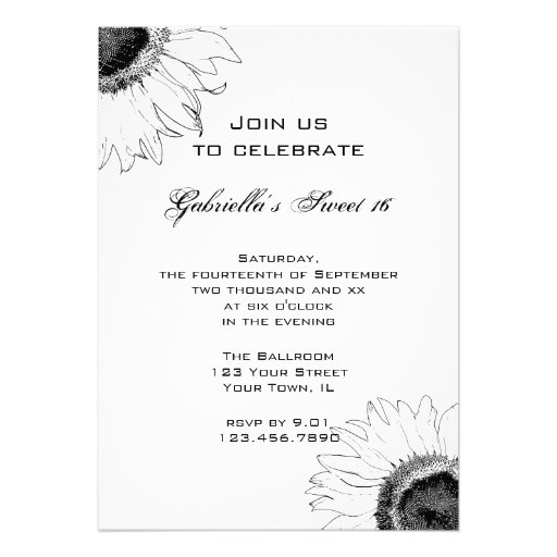 Black and White Sunflower Sweet 16 Invitation