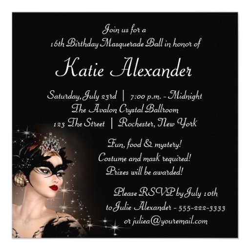 Black and White Sweet 16 Masquerade Party Personalized Invite