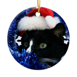 Black and white tuxedo cat christmas hat tinsel christmas tree ornaments