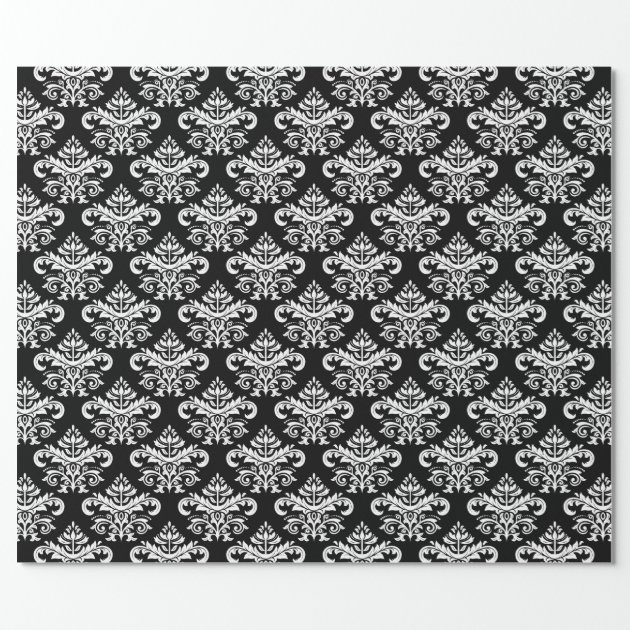 Black and White Vintage Damask Floral Pattern Wrapping Paper