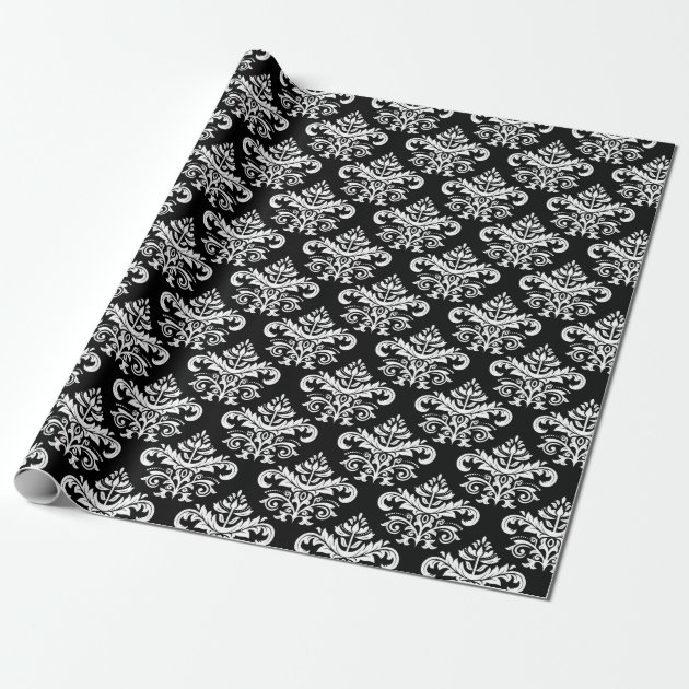 Black and White Vintage Damask Floral Pattern Wrapping Paper 1/4