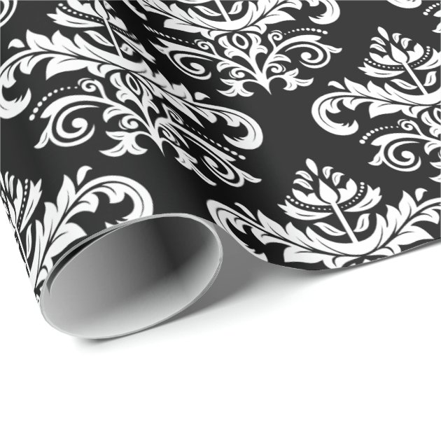Black and White Vintage Damask Floral Pattern Wrapping Paper 3/4