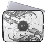 Black And White Vintage Floral Swirls-Monogram laptop sleeves