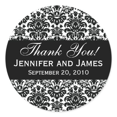 Black and White Wedding Damask Thank You Label Stickers
