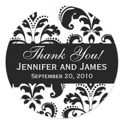 Black and White Wedding Damask Thank You Label Round Sticker