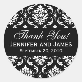 Black and White Wedding Damask Thank You Label Sticker