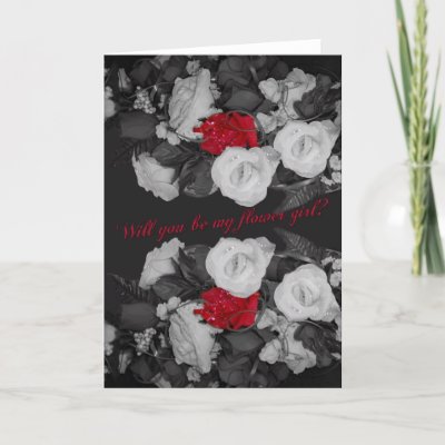 Black and white wedding invitation for flower girl, two roses stand out red, 