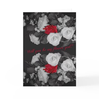 Black and white wedding invitation for flower girl, two roses stand out red, 