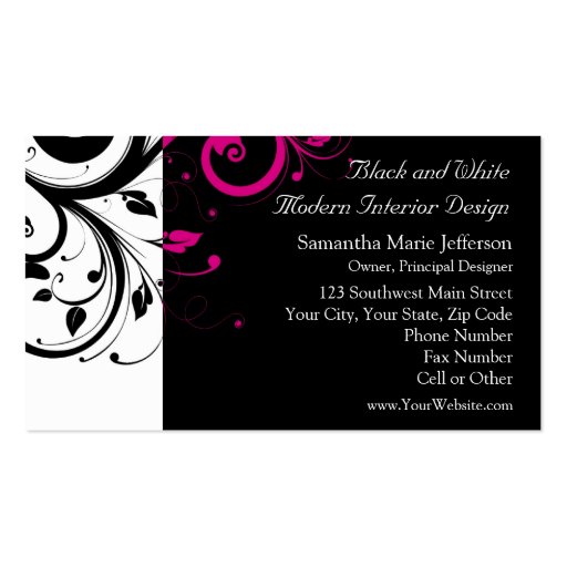 Black and White with Magenta Swirl Accent Business Card Template (front side)
