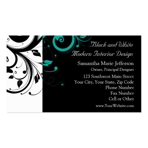 Black and White with Teal Reverse Swirl Business Cards (front side)