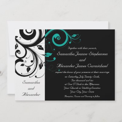 Black and White with Teal Reverse Swirl Custom Invite