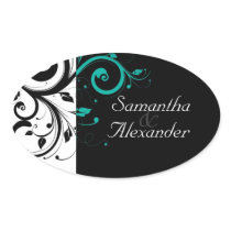 Black and White with Teal Reverse Swirl Oval Stickers
