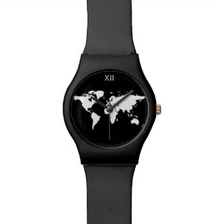 black and white world map watch