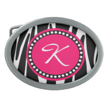 Black and White Zebra Stripe With Hot Pink Initial Oval Belt Buckle