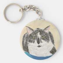 Black and WhiteTuxedo cat on blue blanket keychain