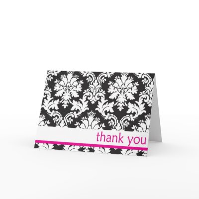 black and whte damask with hot pink thank you card