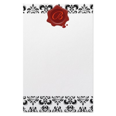BLACK ANS WHITE DAMASK , RED WAX SEAL MONOGRAM CUSTOMIZED STATIONERY by bulgan_lumini