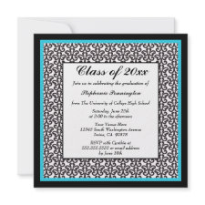 Black aqua damask graduation party announcement invitation