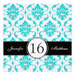 Black Aqua Damask Sweet Sixteen Party Invitation
