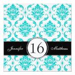 Black Aqua Damask Sweet Sixteen Party Invitation