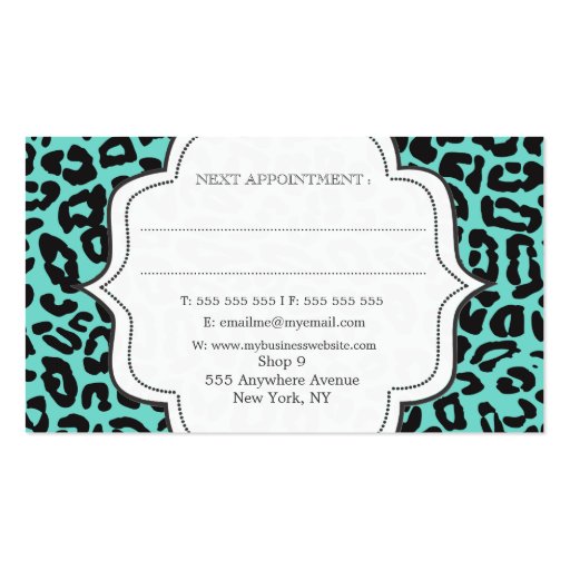Black & Aqua Leopard Print Hair Stylist Cards Business Card Template (back side)