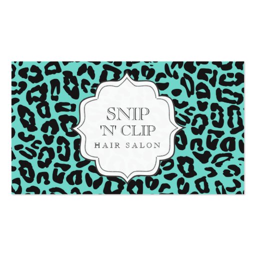 Black & Aqua Leopard Print Hair Stylist Cards Business Card Template (front side)