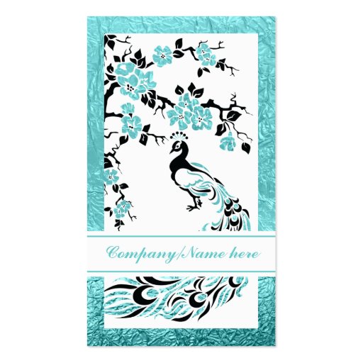 Black, aqua peacock and cherry blossoms business cards (front side)