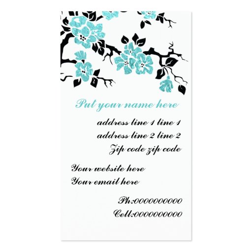Black, aqua peacock and cherry blossoms business cards (back side)