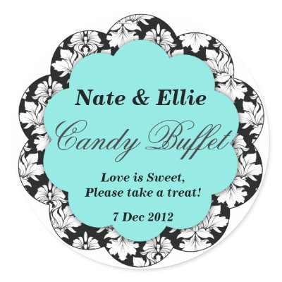 Black &amp; Aqua Scallop Damask Candy Buffet Sticker