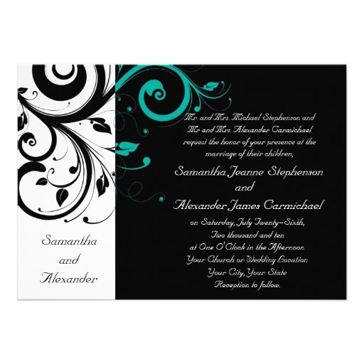 Black Aqua Swirl Wedding Traditional Custom Announcement