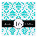 Black Aqua White Damask Sweet Sixteen Invitations