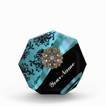Black & aquamarine damask acrylic award