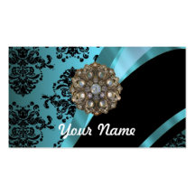 Black & aquamarine damask business cards