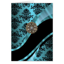 Black & aquamarine damask cards