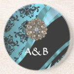 Black & aquamarine damask drink coaster