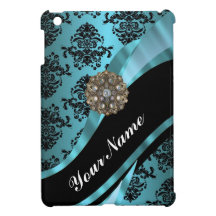 Black & aquamarine damask iPad mini cases