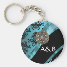 Black & aquamarine damask key chain