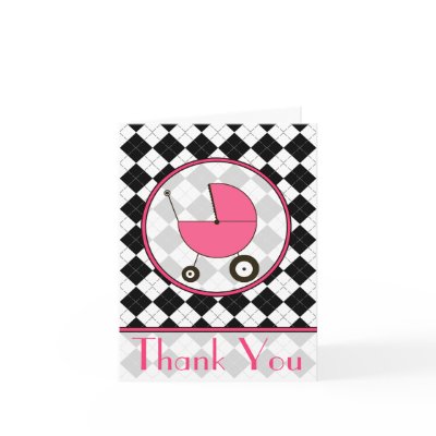 Black Argyle  / Pink Baby Carriage Thank You Card by thepinkschoolhouse
