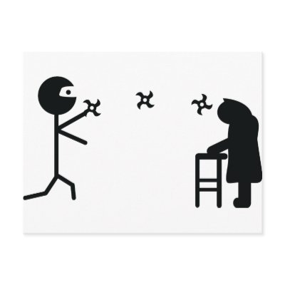 black bad ninja fighting granny post cards by Tomaniac