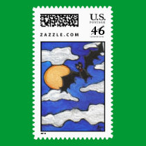 Black Bat & Full Moon - postage stamp stamps
