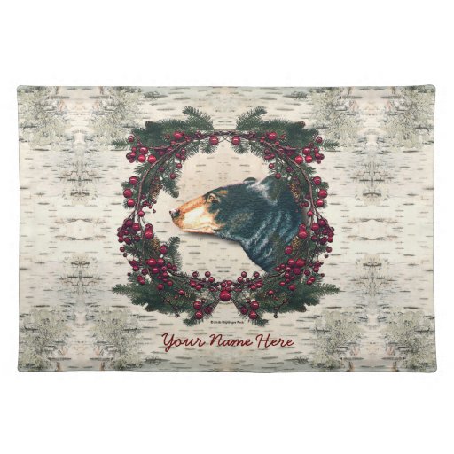 black bear birch bark pine branches berries cloth placemat black bear birch bark pine branches berries cloth placemat