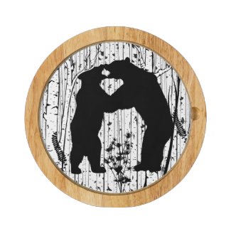 Black Bears at Play Birch Forest Round Cheese Board