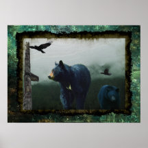 Black Bears, Ravens & Totem Pole Wildlife Poster