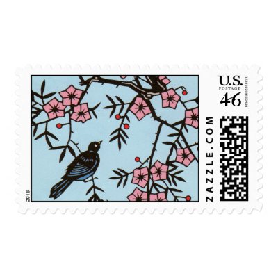 Black Bird Cherry Blossom Tree Postage by artbymar