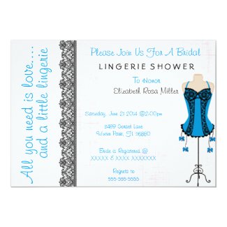 Black & Blue Corset Lingerie Bridal Shower Invite 5" X 7" Invitation Card