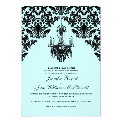 Black Blue Damask Chandelier Wedding Invitation