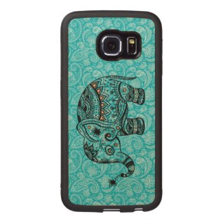 Black & Blue-Green Retro Floral & Elephant Wood Phone Case