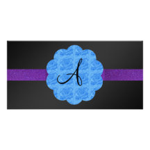 Black blue roses monogram photo greeting card