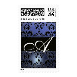 BLACK BLUE TOPAZ DAMASK  MONOGRAM, POSTAGE